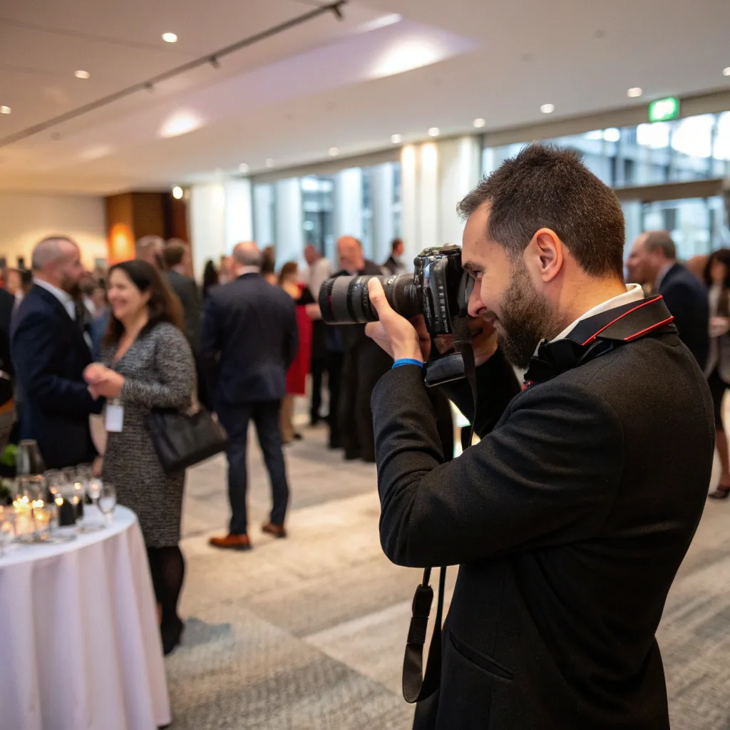 A professional event photographer capturing a moment at a corporate event